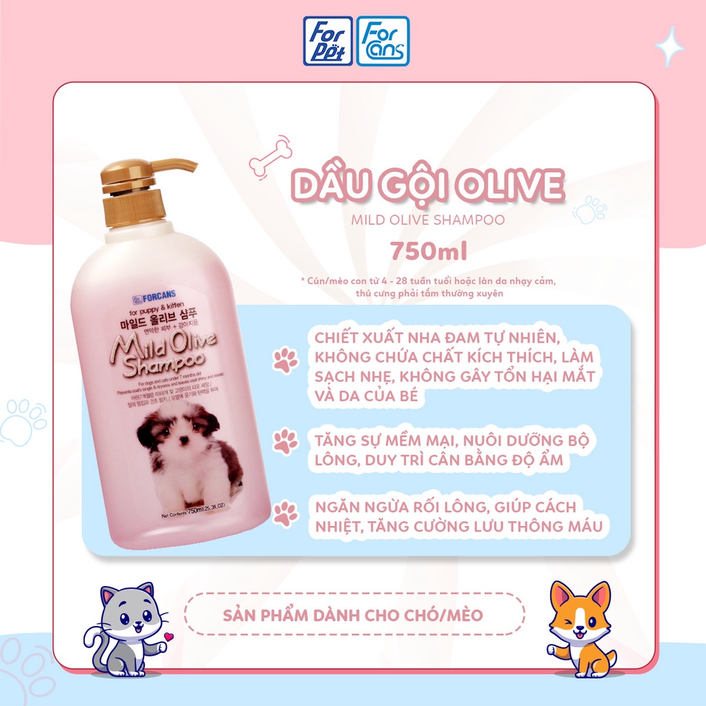 Dầu gội Olive  hiệu Forcans 750ml - thích hợp cho chó mèo con và có da nhạy cảm