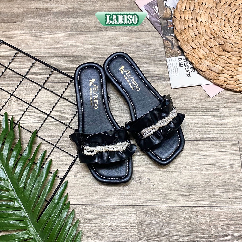 Dép nữ quai ngang kiểu bèo nhún đính hai chuỗi ngọc LADISO xinh xắn dễ thương hàng hot trend TT385