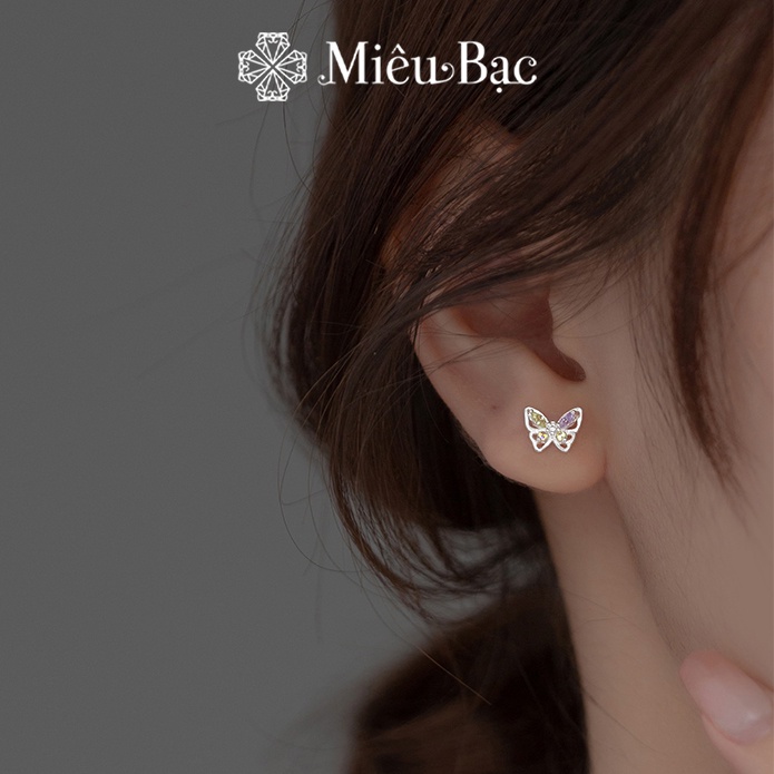 Bông tai bạc nữ Miêu Bạc khuyên tai hồ điệp đính đá ngũ sắc xinh xắn chất liệu s925 phụ kiện trang sức MB18