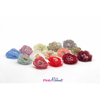 *Set 2b-Hoa voan có nhụy 3.5cm dùng làm hoa trang trí may mặc, hoa cài áo, hoa phụ liệu may mặc, phụ kiện tóc