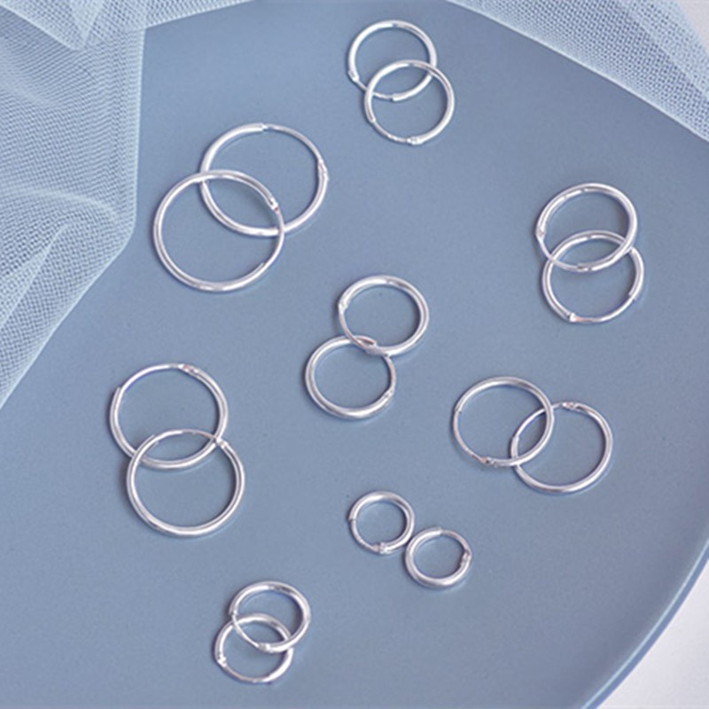 Khuyên tai bạc nam nữ ST tròn trơn bông tai unisex nhiều size có chốt basic TeeMee _ T064