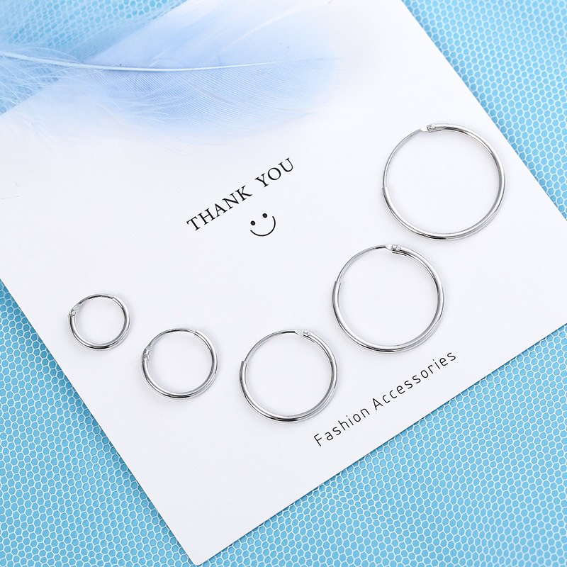 Khuyên tai bạc nam nữ ST tròn trơn bông tai unisex nhiều size có chốt basic TeeMee _ T064