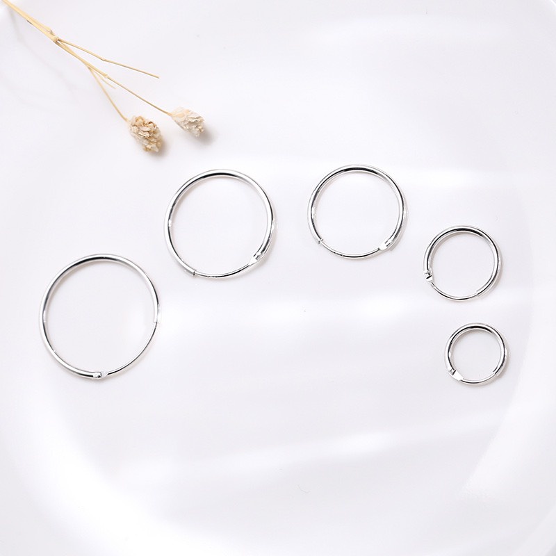 Khuyên tai bạc nam nữ ST tròn trơn bông tai unisex nhiều size có chốt basic TeeMee _ T064