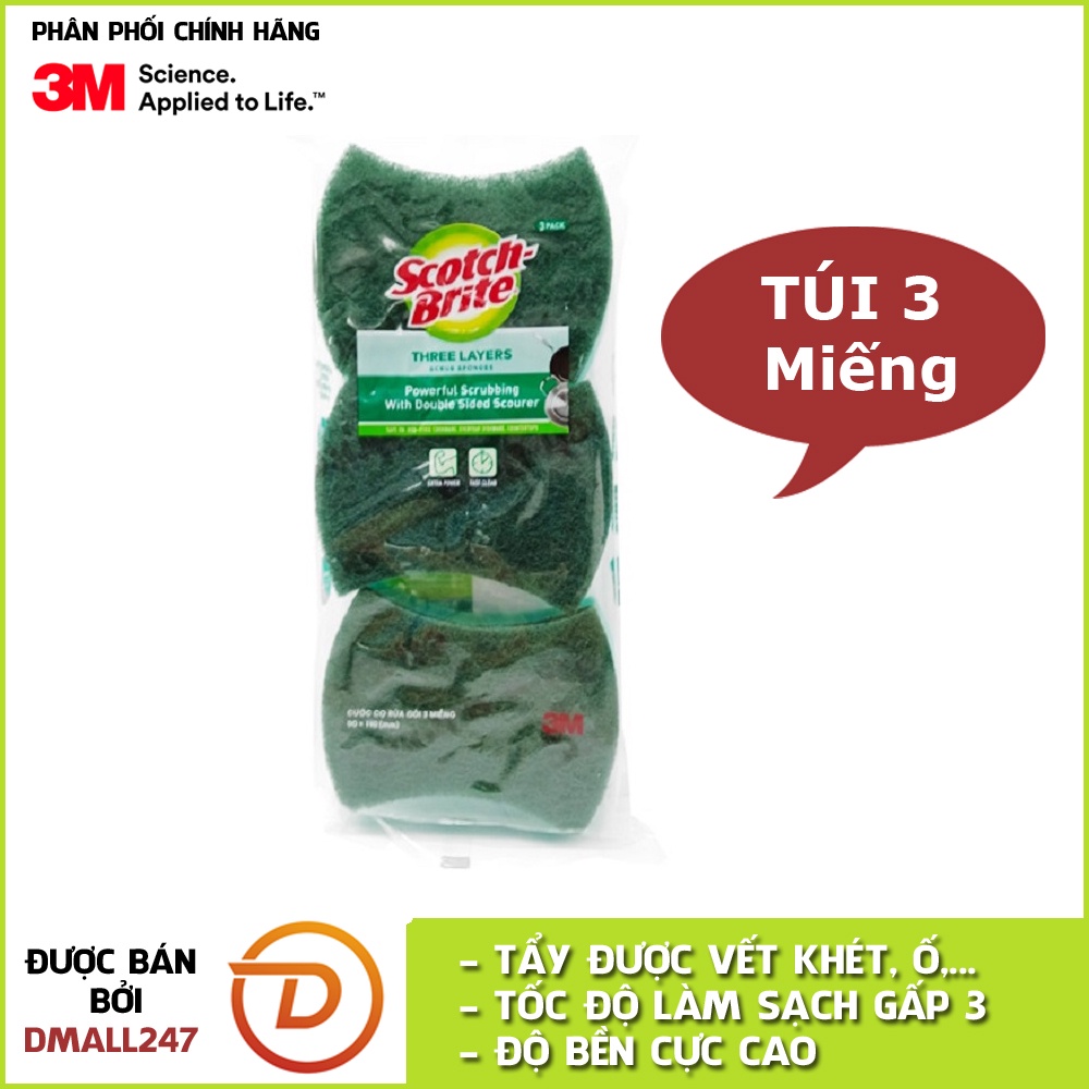 Gói 3 miếng rửa chén 2 mặt không trầy xước Scotch-Brite 3M CR-2MG3 - đa năng, 3 tác động làm sạch, độ bền cao