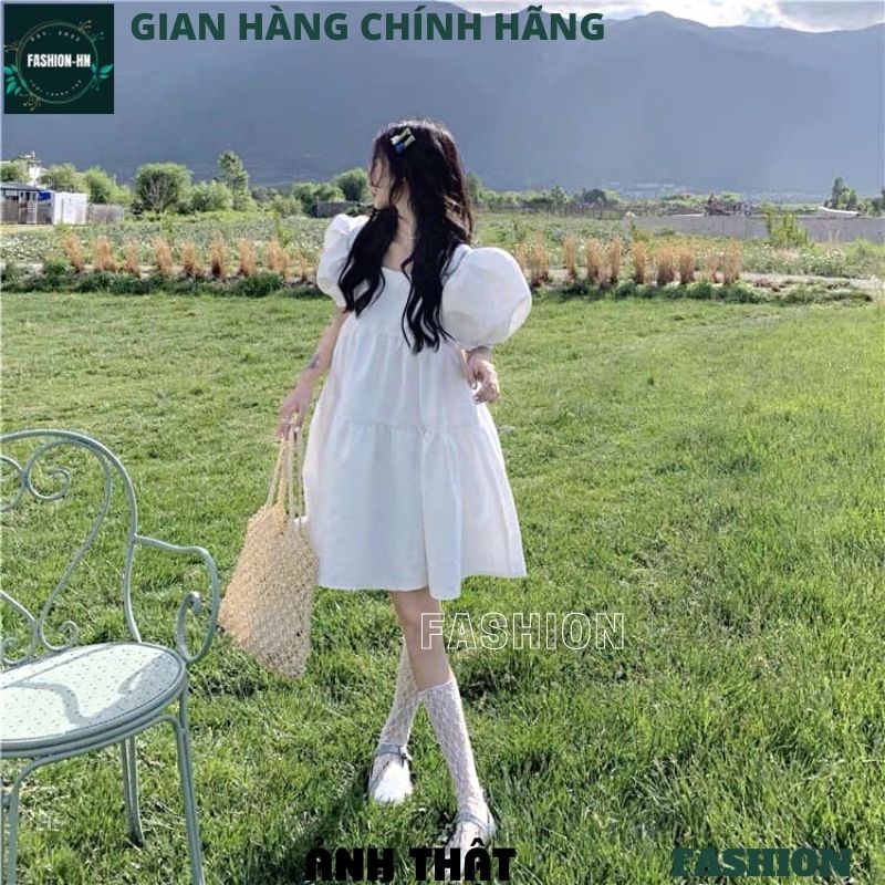 Váy trắng babydoll nữ tay bồng - Đầm xoè đi biển màu trắng tiểu thư công chúa siêu xinh xắn dễ thương - FASHION V95