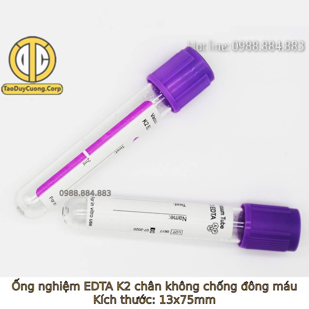 Ống nghiệm EDTA K2, EDTA K3 chân không chống đông máu nắp cao su và nắp thường dung tích 2ml (COMBO 