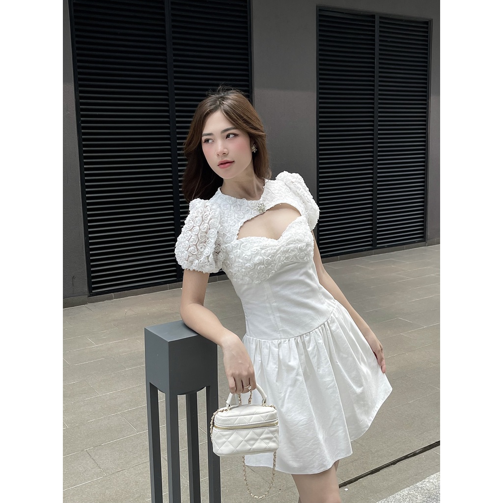 D1 Đầm xô phối hoa trắng tay bồng