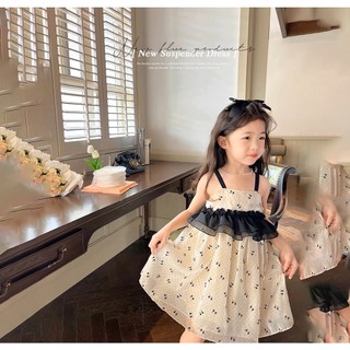 Váy hai dây họa tiết nơ đen cho bé gái 8-26kg HollaBaby