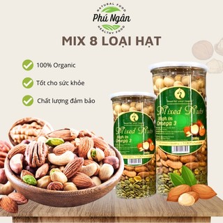 Hạt dinh dưỡng mix 8 loại (hồ đào, dẻ cười, hạnh nhân, óc chó, macca, bí xanh..) giòn thơm hộp 500gr