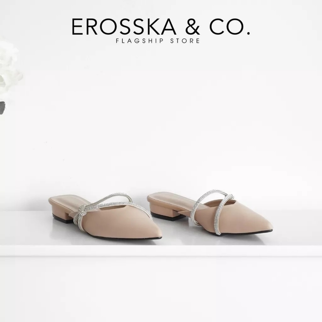 Erosska - Giày sục nữ mũi vuông phối dây đính đá sang trọng cao 3cm màu nude _ EL029