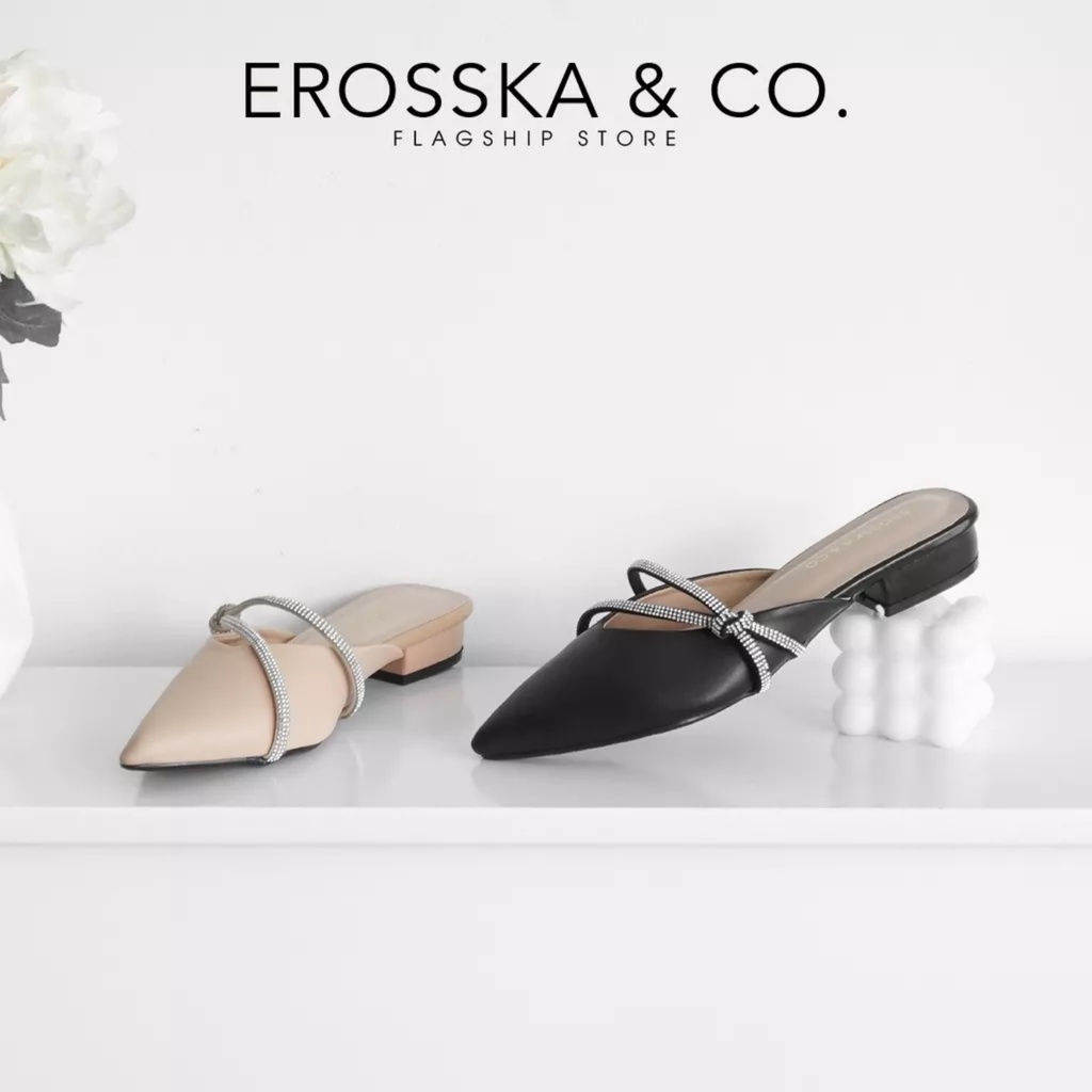 Erosska - Giày sục nữ mũi vuông phối dây đính đá sang trọng cao 3cm màu nude _ EL029