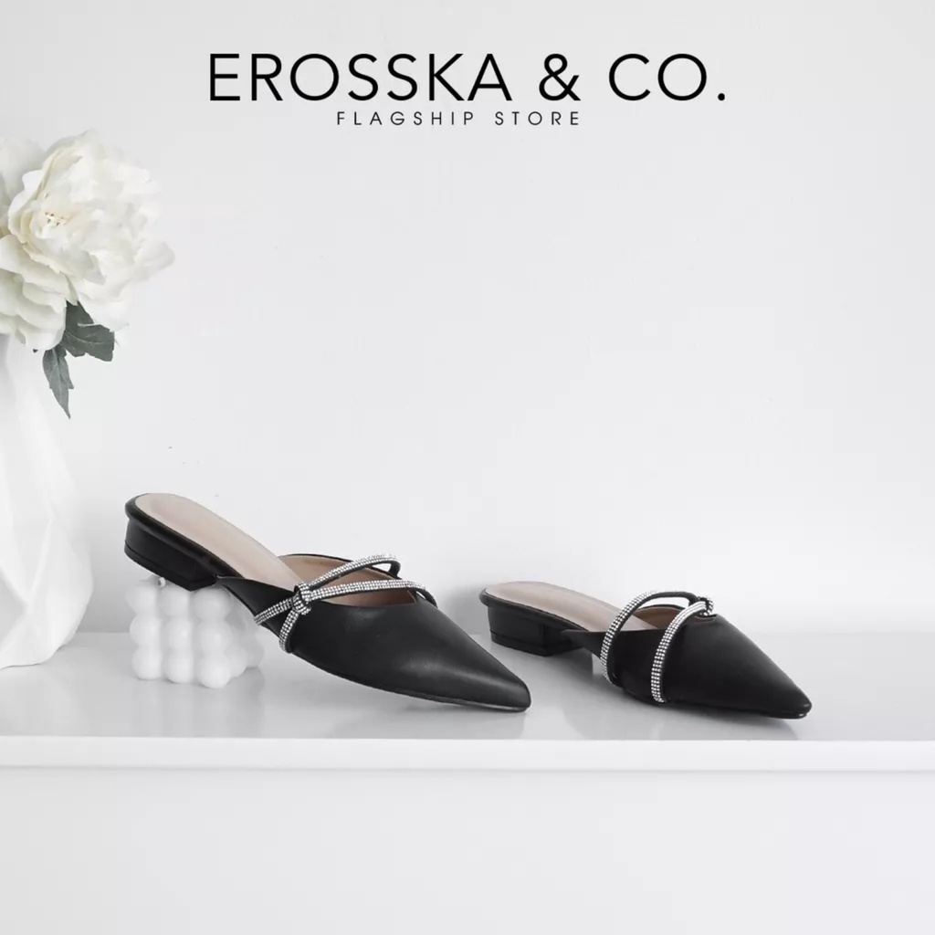 Erosska - Giày sục nữ mũi vuông phối dây đính đá sang trọng cao 3cm màu nude _ EL029