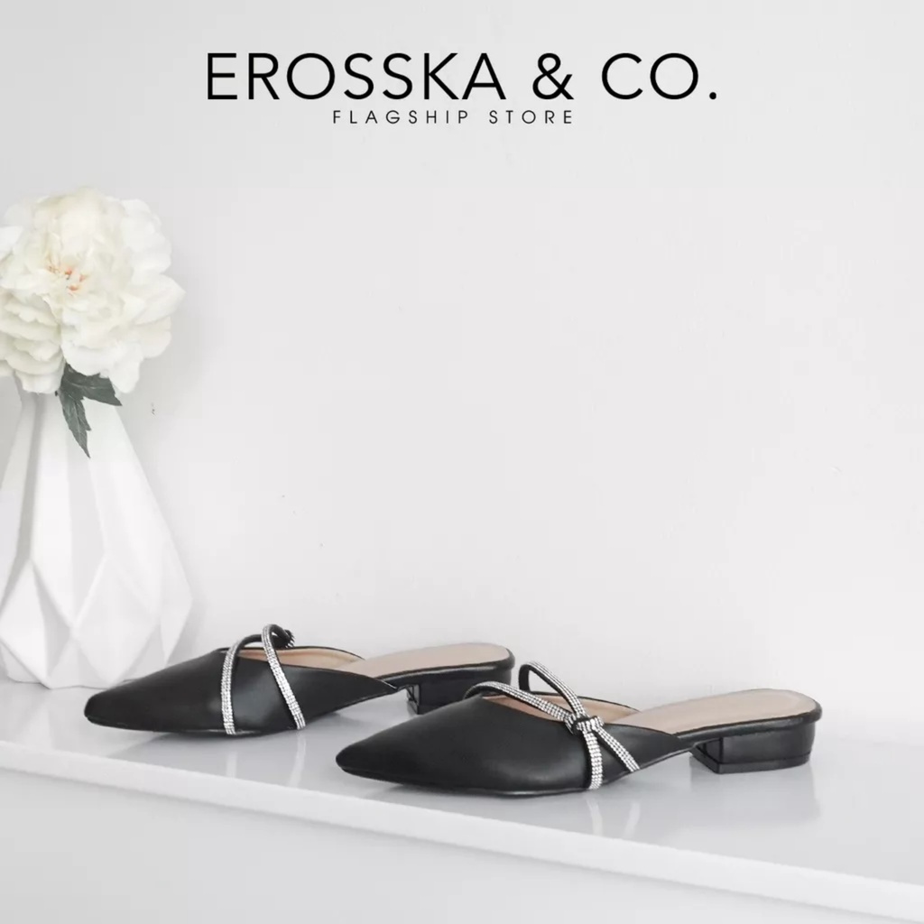 Erosska - Giày sục nữ mũi vuông phối dây đính đá sang trọng cao 3cm màu nude _ EL029