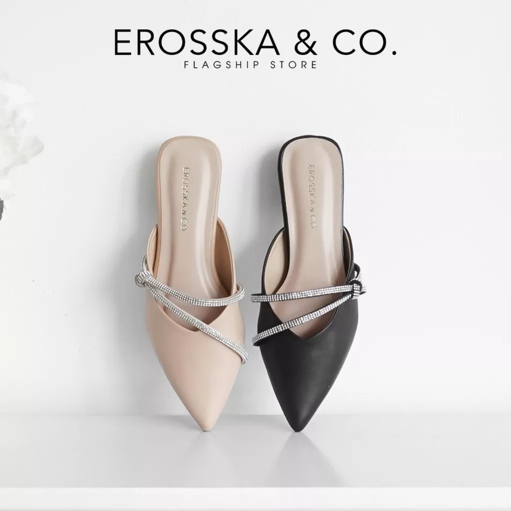 Erosska - Giày sục nữ mũi vuông phối dây đính đá sang trọng cao 3cm màu nude _ EL029
