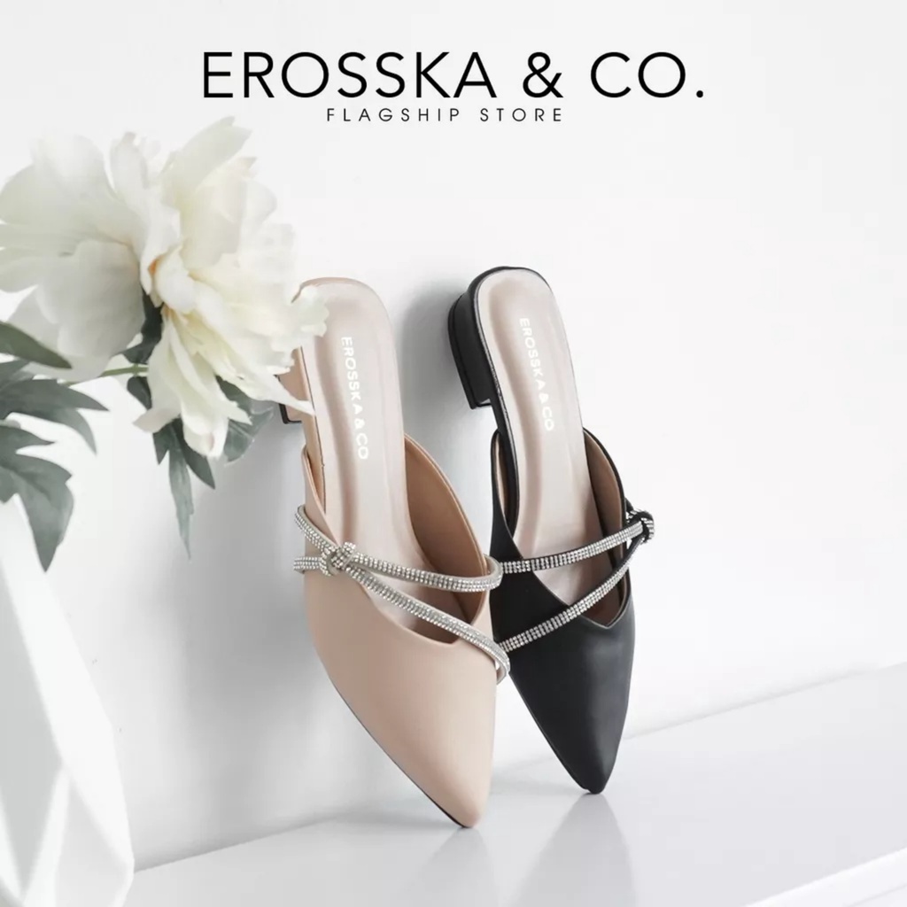 Erosska - Giày sục nữ mũi vuông phối dây đính đá sang trọng cao 3cm màu nude _ EL029