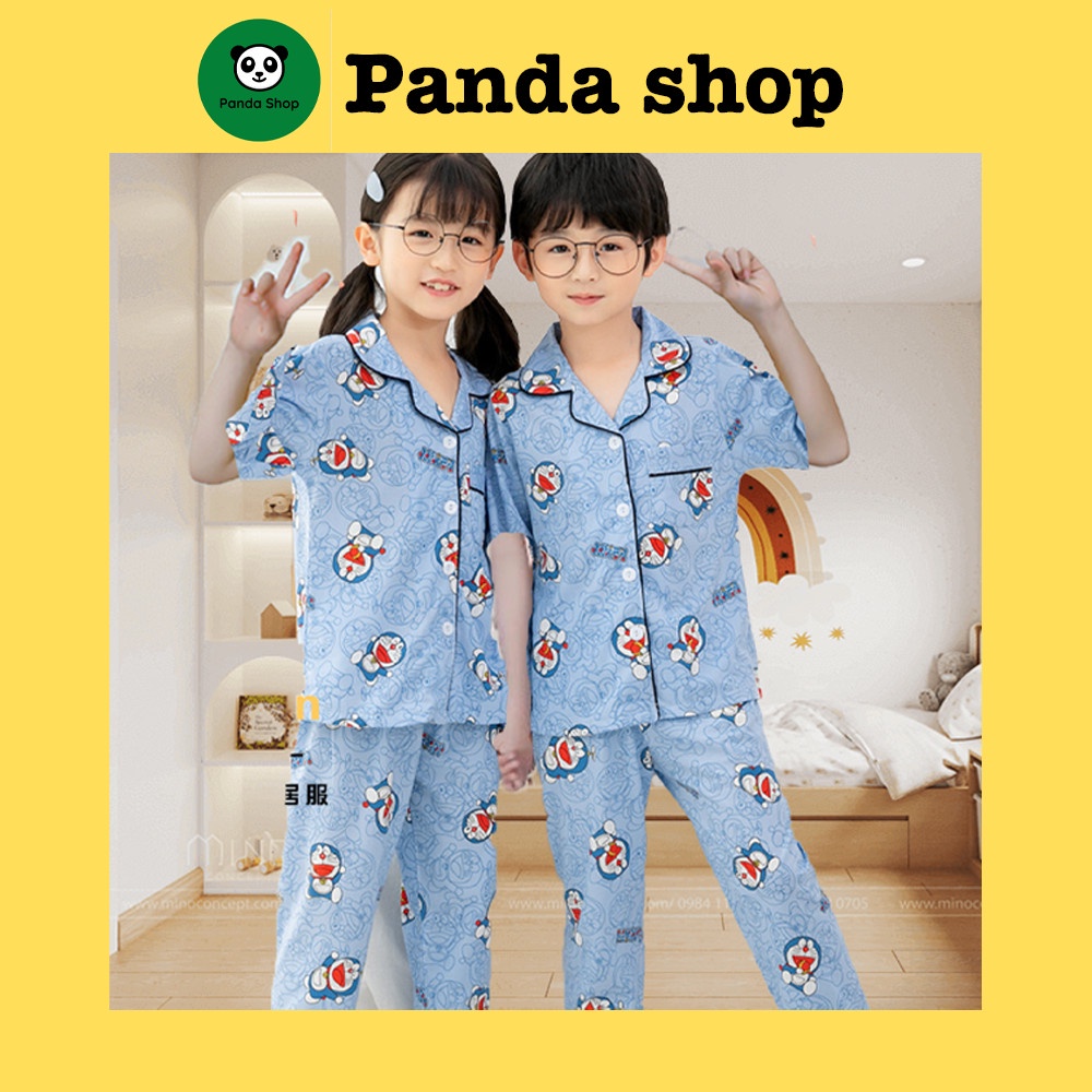 Áo cộc quần dài 9-47kg Cotton Đũi Nhật pijama Doremon xanh CN06 trẻ em đồ ngủ| bộ đi chơi bé trai gái