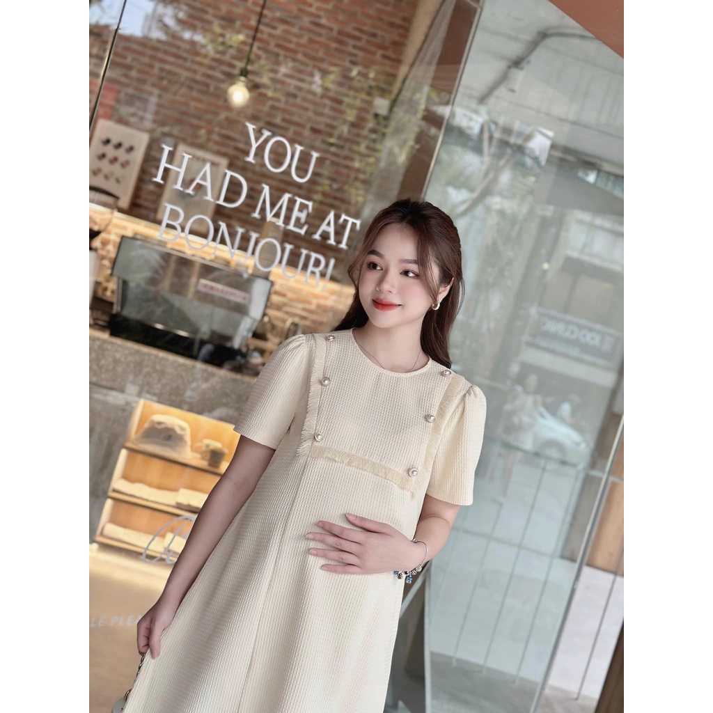 Váy đầm bầu suông A cổ phối cúc cách điệu Joamom V302