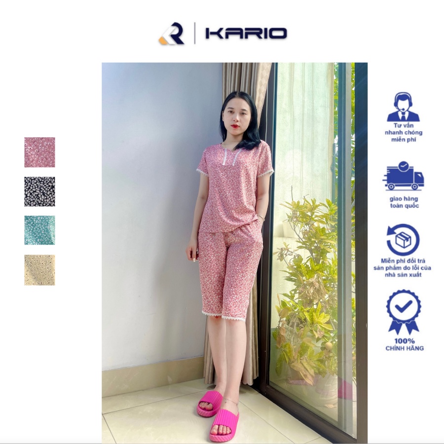 Bộ lanh lụa lửng VARIO áo ngắn tay quần lửng phối ren họa tiết hoa nhí 3D VB23-15