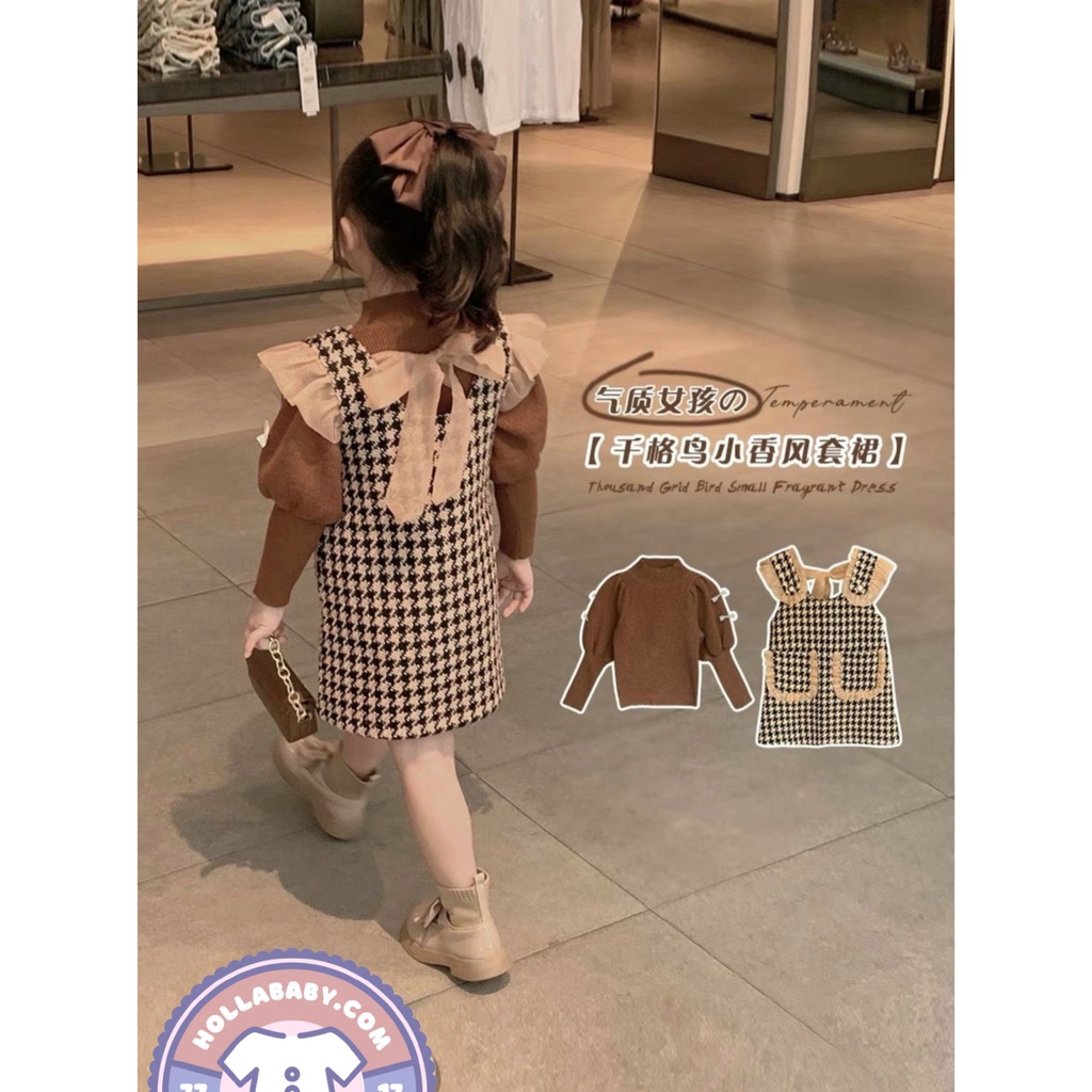 Váy bé gái,Set váy dạ nơ yếm tay bồng sang chảnh phong cách tiểu thư 8-28kg HollaBaby Y130