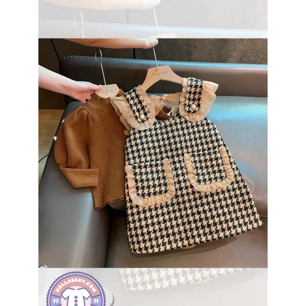 Váy bé gái,Set váy dạ nơ yếm tay bồng sang chảnh phong cách tiểu thư 8-28kg HollaBaby Y130