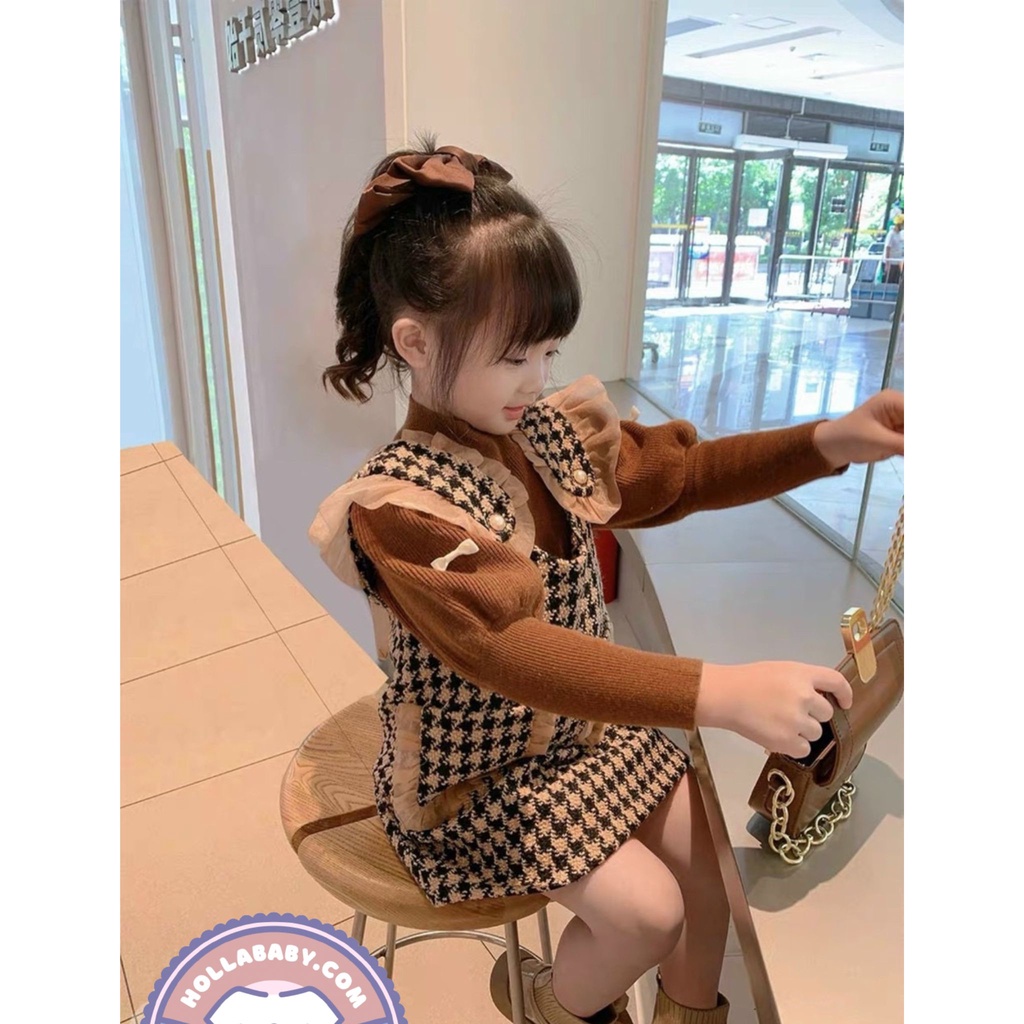 Váy bé gái,Set váy dạ nơ yếm tay bồng sang chảnh phong cách tiểu thư 8-28kg HollaBaby Y130