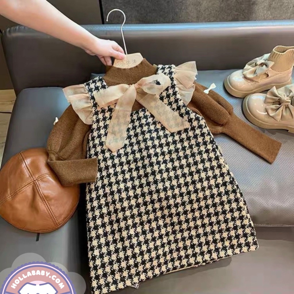 Váy bé gái,Set váy dạ nơ yếm tay bồng sang chảnh phong cách tiểu thư 8-28kg HollaBaby Y130