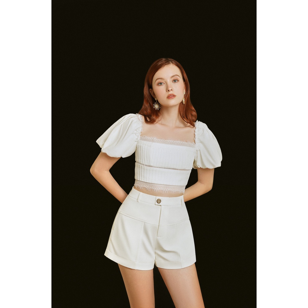 MAVEN - Áo croptop trắng cổ vuông tay bồng phối ren Paston Top