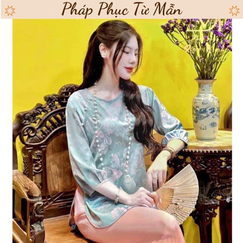 Bộ đi chùa cổ tròn tay lỡ đính cúc ngọc Pháp phục đi chùa nữ Đồ lam nữ tay lỡ lụa gấm cao cấp, thanh lịch