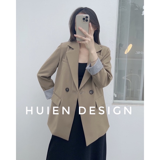 Áo khoác blazer nữ 2 lớp dáng dài tay dài phối kẻ tay hàng thiết kế Huien Design thời trang công sở, áo vest nữ Hàn Quốc