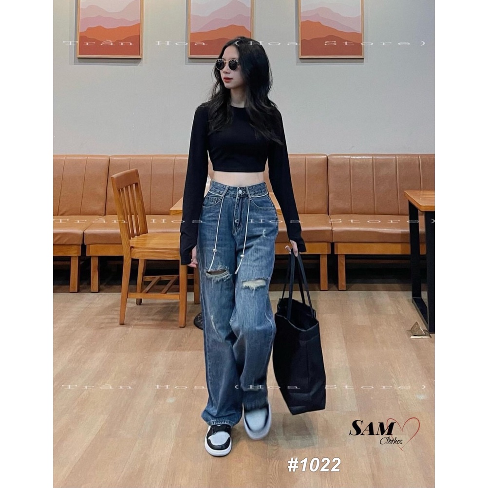 Quần Jean Bò Suông Cạp Cao Ống Rộng Rách Đùi Gối Kèm Belt