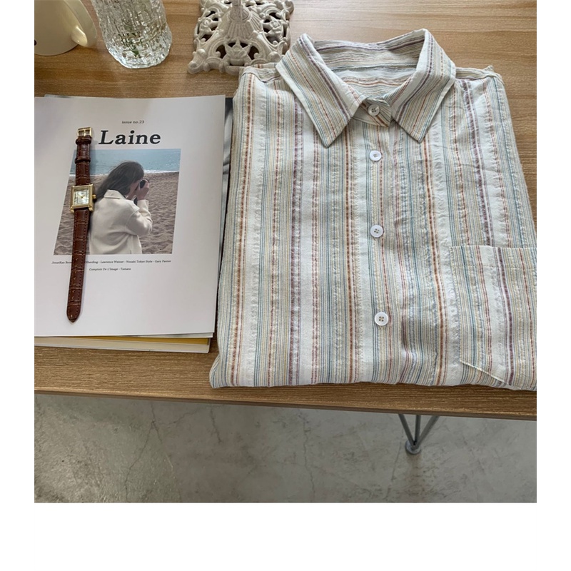 NUZIRO Áo Sơ Mi Cotton Lanh Mỏng Dáng Rộng Kẻ Sọc Kiểu Vintage Hàn Quốc Thời Trang Mùa Hè Cho Nữ