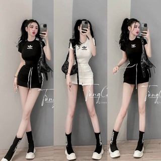 Set bộ áo sọc tay chữ hiệu ngực kèm chân váy sọc 2 bên câ tính chất thun gân