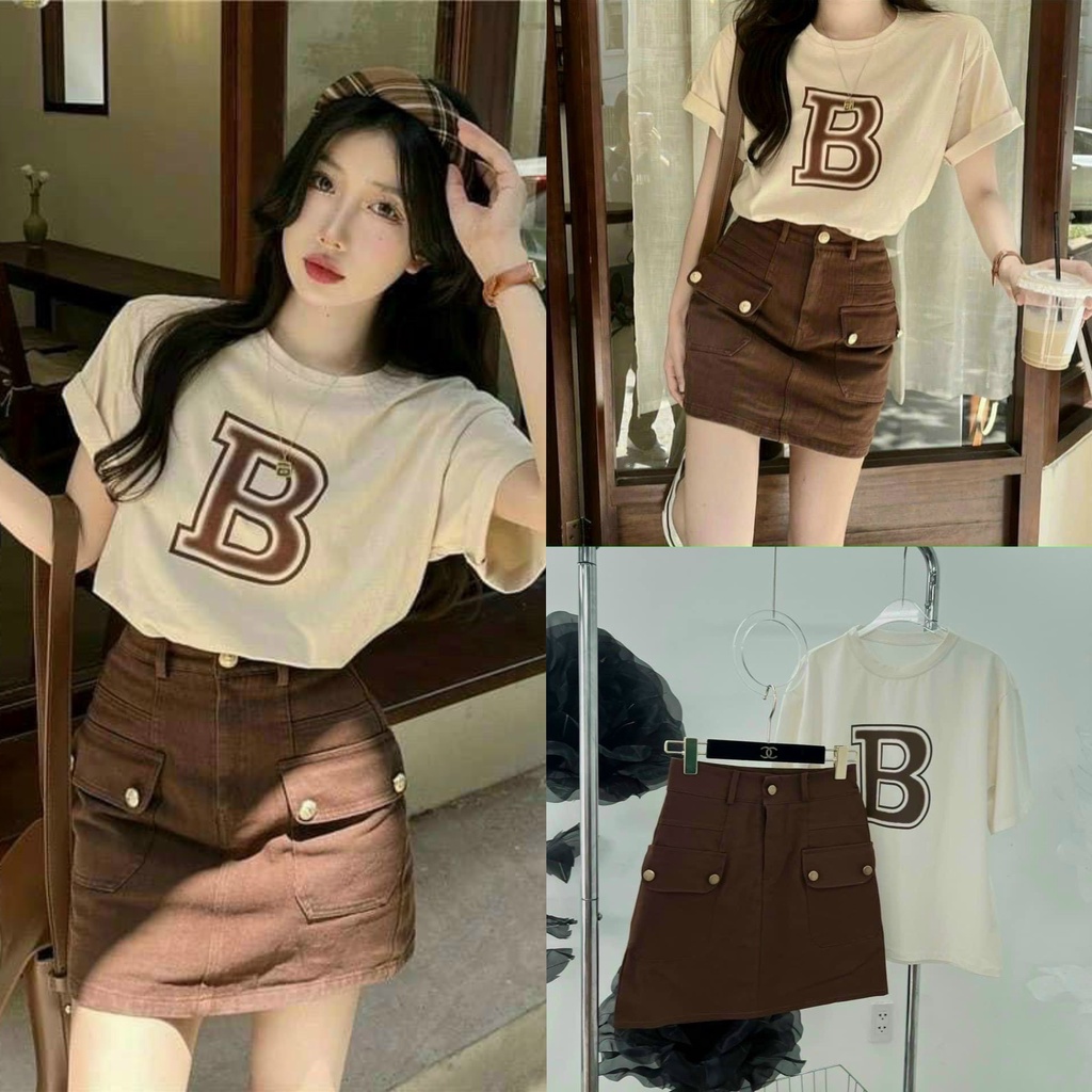 Set váy thời trang nữ họa tiết chữ B phối chân váy tăm nhung siêu tôn dáng, dễ thương cho các tình yêu