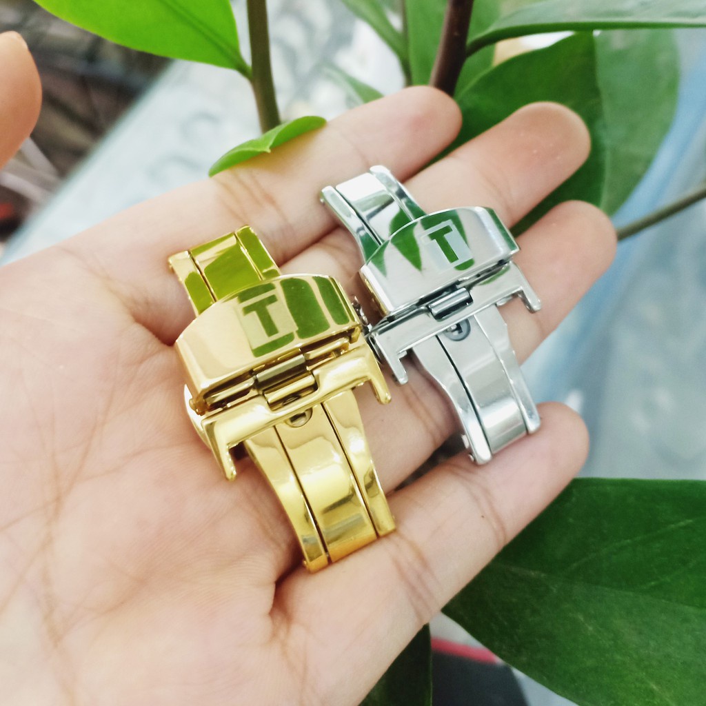 Khóa bướm chống gẫy gập dây da đồng hồ có logo Tissot, khoá inox mạ màu - K2101