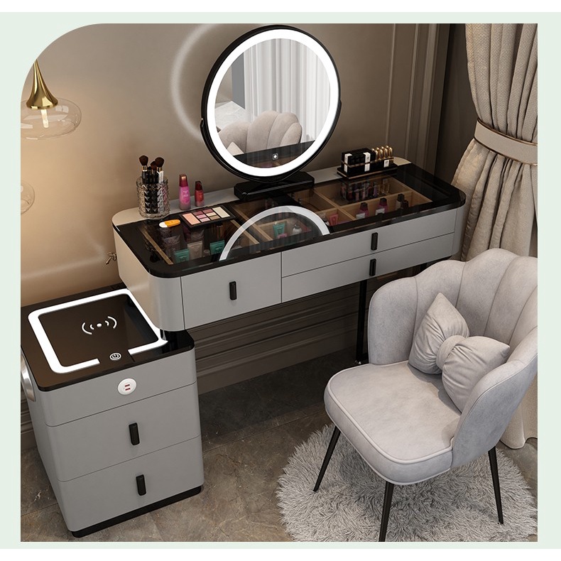 Bàn Trang Điểm Thông Minh AMYLY 2 Màu Trắng, Xám Xanh Tích Hợp Khóa Vân Tay Đèn Led Loa, Sạc không dây D100*R45*C75cm | BigBuy360 - bigbuy360.vn
