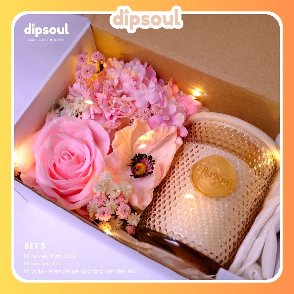 Hộp quà 1 hũ nến thơm trang trí hoa lụa