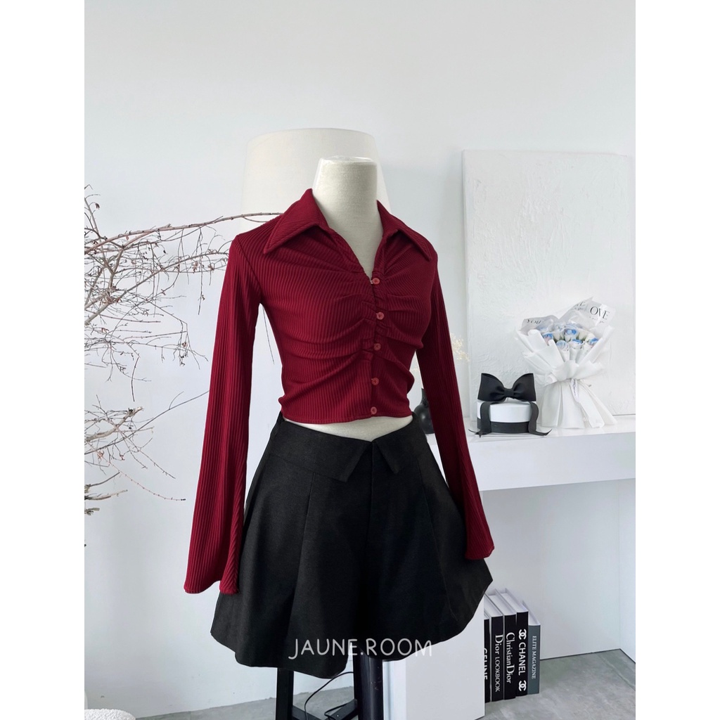 Áo croptop thun tay dài JAUNE cổ sơ mi- Dori Top