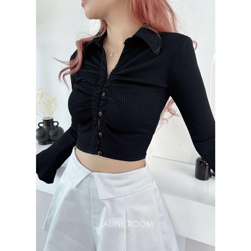 Áo croptop thun tay dài JAUNE cổ sơ mi- Dori Top