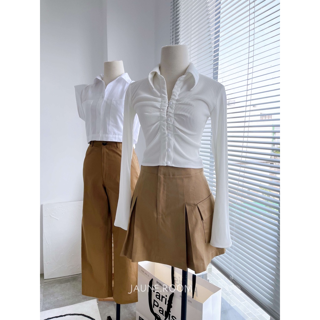 Áo croptop thun tay dài JAUNE cổ sơ mi- Dori Top