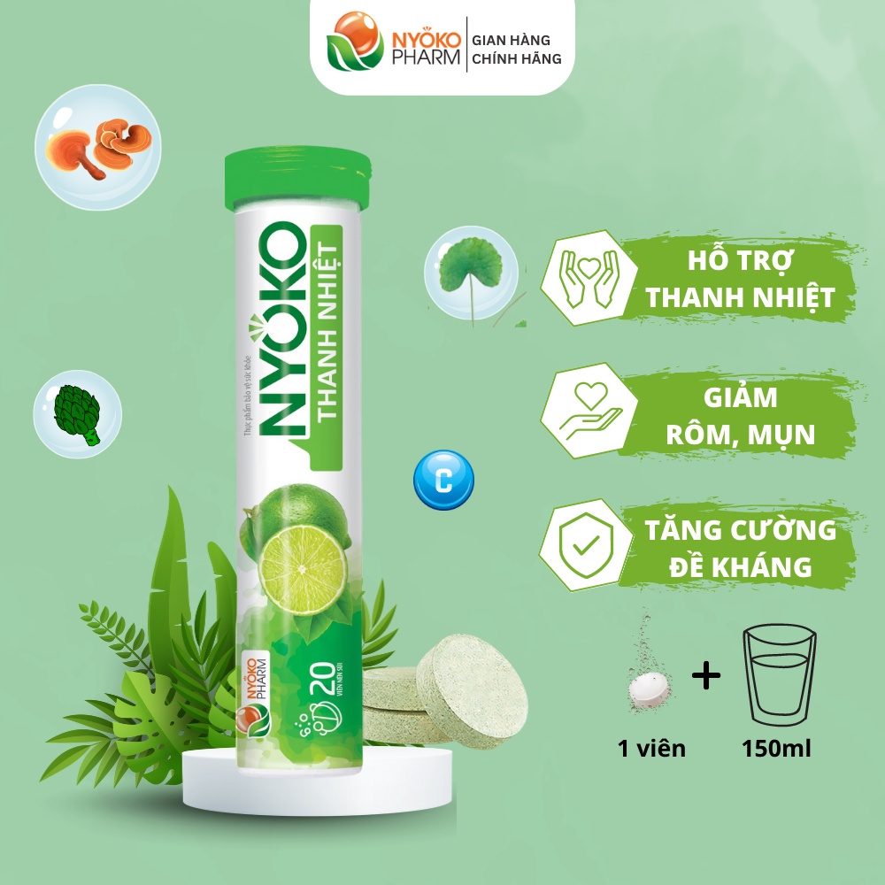 Viên sủi vitamin thanh nhiệt Nyoko hương chanh hỗ trợ làm dịu các biểu hiện do cơ thể nóng nhiệt hộp 1 lọ 20 viên