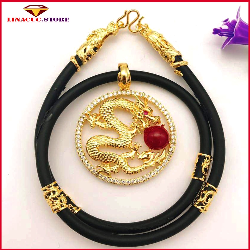 Dây chuyền nam trang sức vòng cổ dây cao su mặt rồng tròn