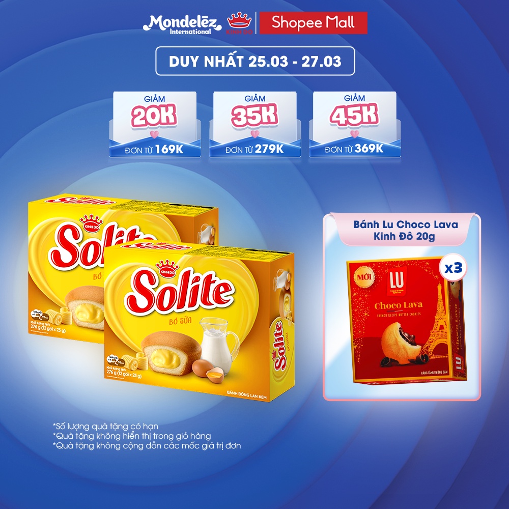 Combo 2 hộp Bánh Bông Lan SOLITE Tròn Kem Vị Bơ Sữa 276g