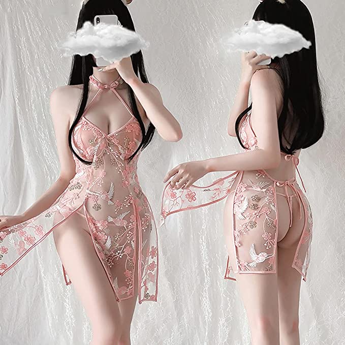 Váy ngủ sexy cosplay sườn xám xuyên thấu họa tiết thêu hoa hồng