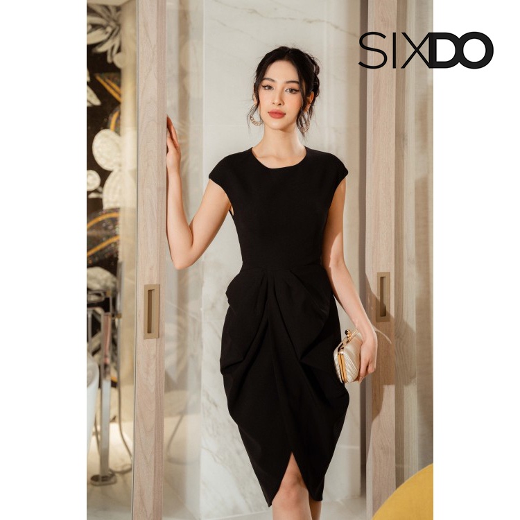 Đầm nhúm eo xẻ tà thời trang SIXDO (Black Split-front Midi Taffeta Dress)