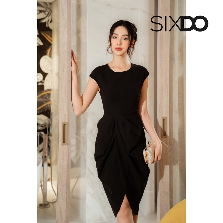 Đầm nhúm eo xẻ tà thời trang SIXDO (Black Split-front Midi Taffeta Dress)