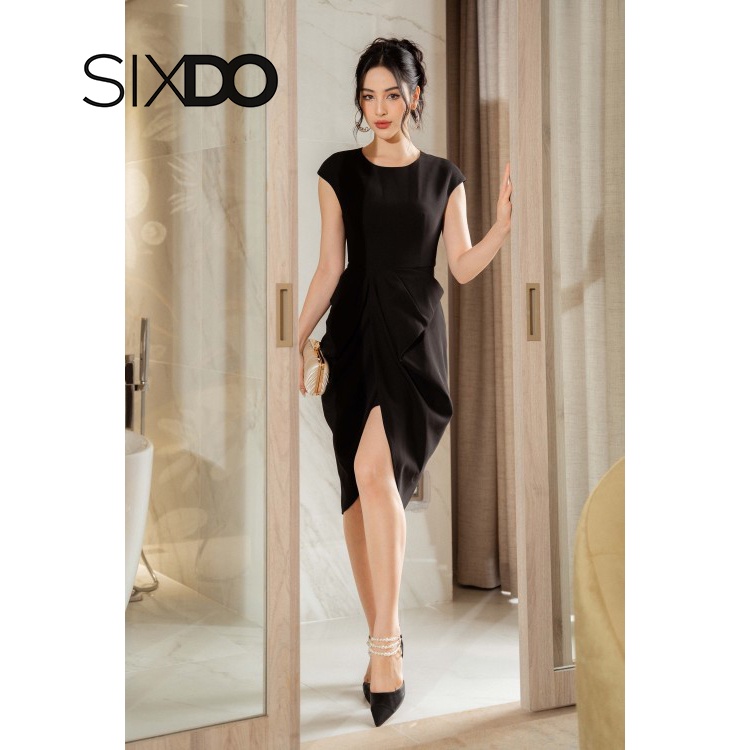 Đầm nhúm eo xẻ tà thời trang SIXDO (Black Split-front Midi Taffeta Dress)