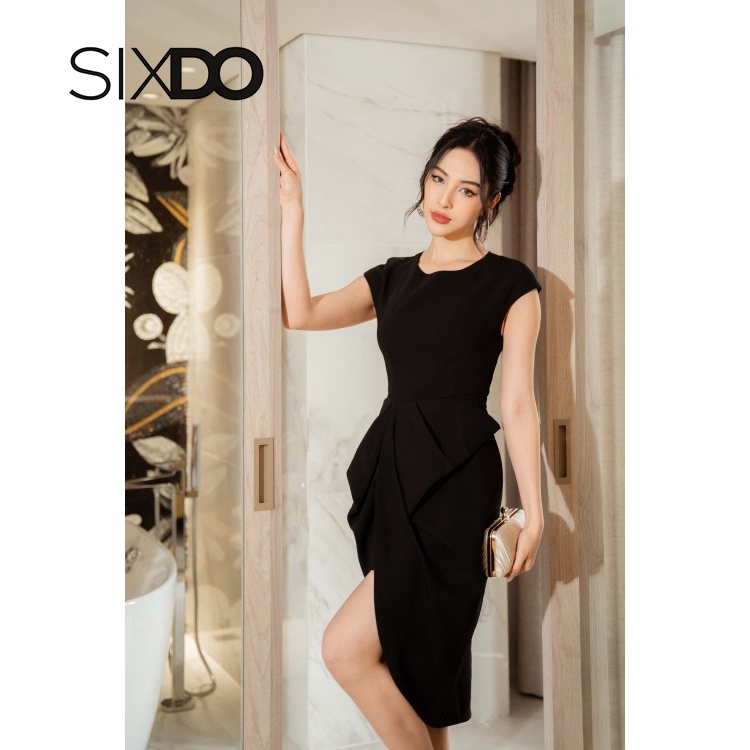 Đầm nhúm eo xẻ tà thời trang SIXDO (Black Split-front Midi Taffeta Dress)