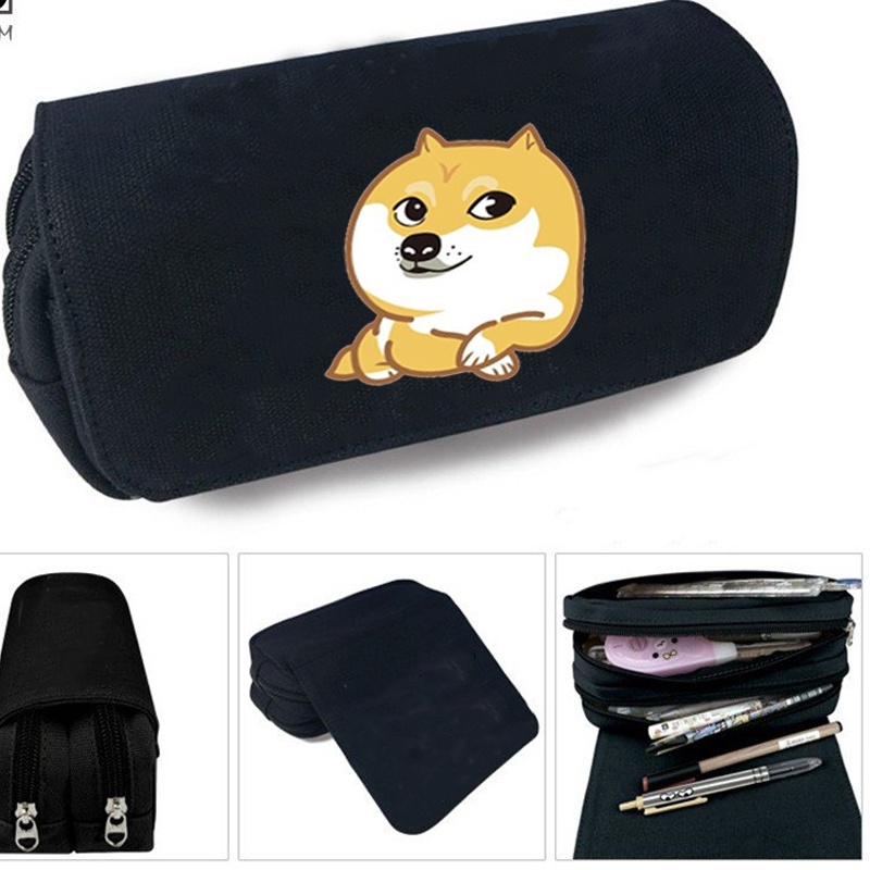 Hộp bút vải canvas khóa trắng in hình Doge chú chó hài hước đáng yêu vui nhộn đi học tiện lợi anime chibi