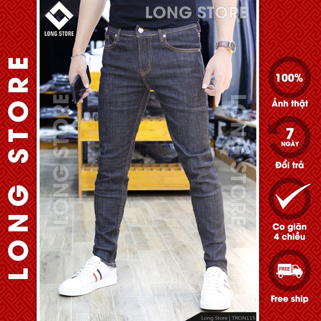 Quần jean nam trơn màu tiêu đen cao cấp ống đứng dáng ôm skinny chất bò co giãn LONGARES Tron115