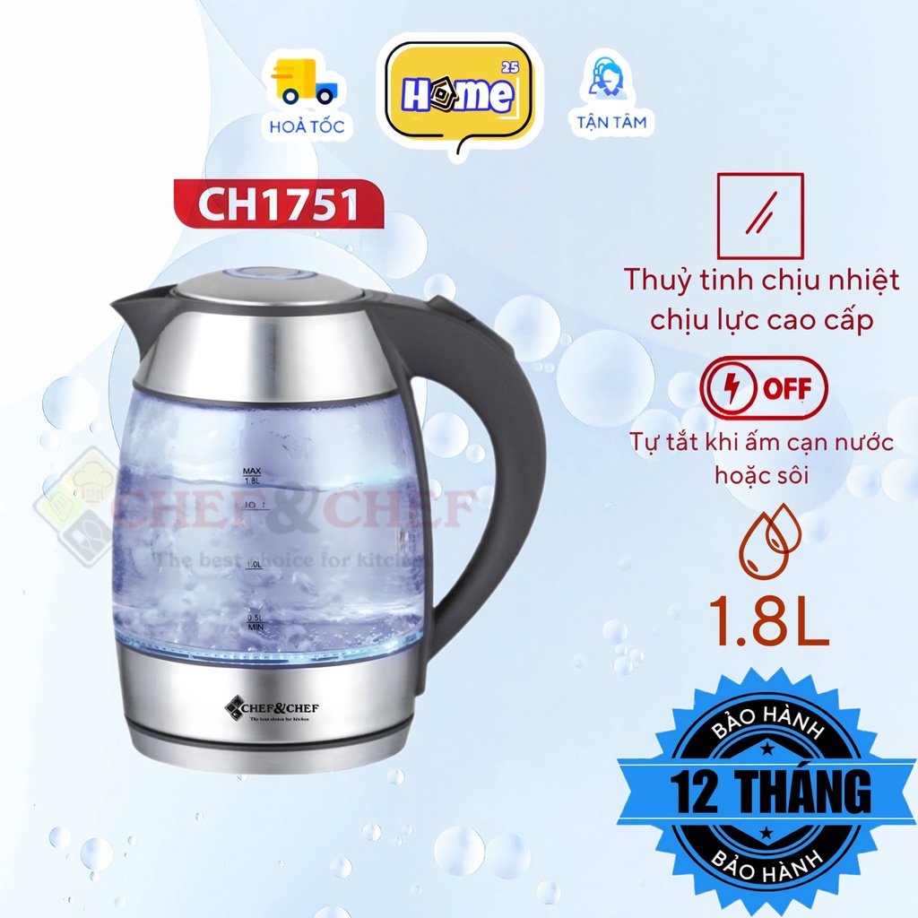 [CHÍNH HÃNG] Ấm đun siêu tốc | Ấm đun siêu tốc thuỷ tinh Chef&Chef